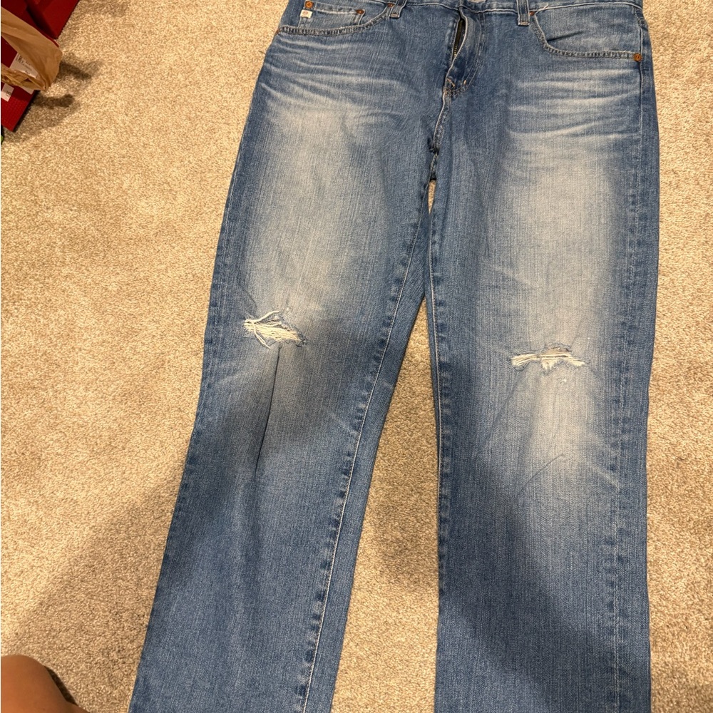 AG Adriano Goldschmied Light Blue Denim Jeans with Tan Leather Patch